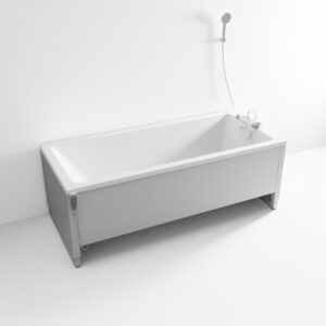 Ropox electric height-adjustable accessible bathtub with hand shower, shown at full height with clearance underneath for mobile lift access